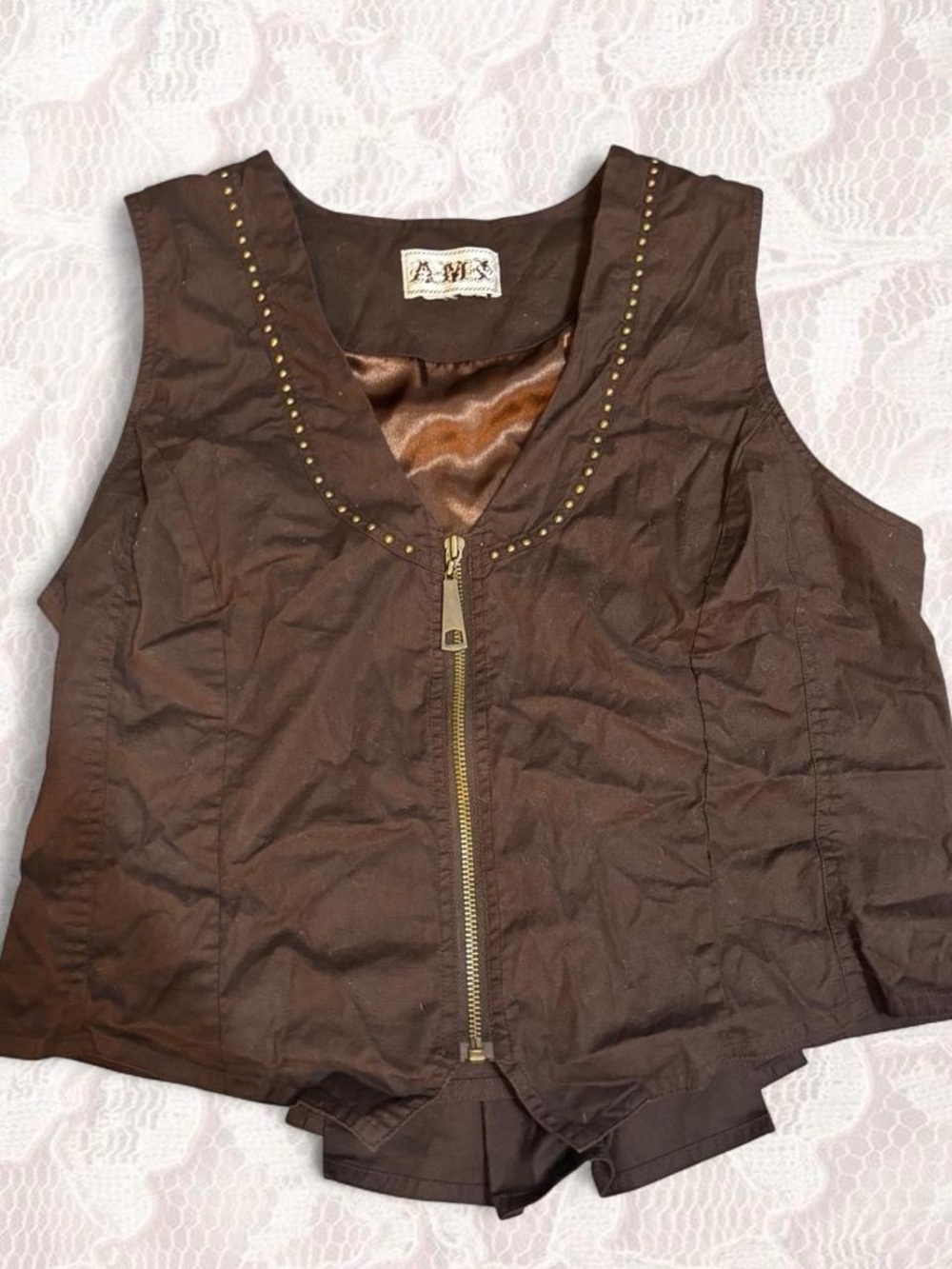 AMK Brown Zip-Front Stud Trim Tank Top